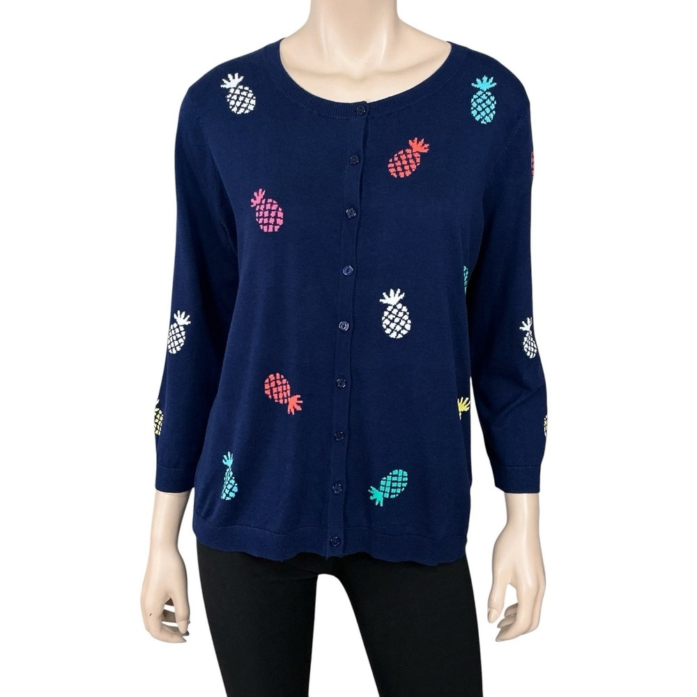 Talbots Cardigan Women Large Blue Pineapple Print Long Sleeve Button Down